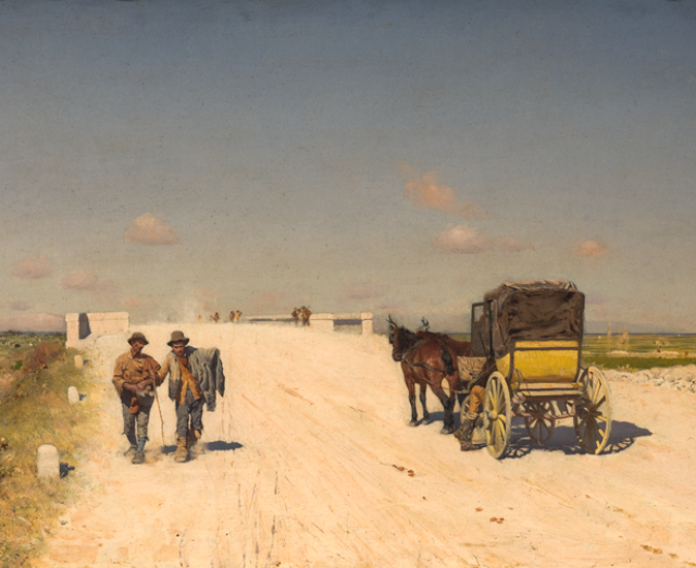 a pastoral painting, with a wide open sky, of travelers on a dusty road 