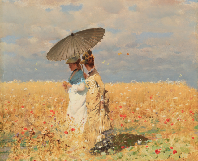 two women, finely dressed, under a sun parasol in a wide yellow field 