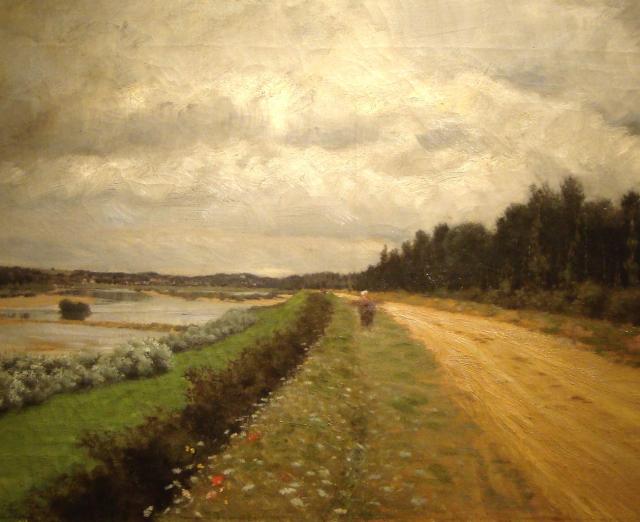 a painting of a country road, receding to the horizon