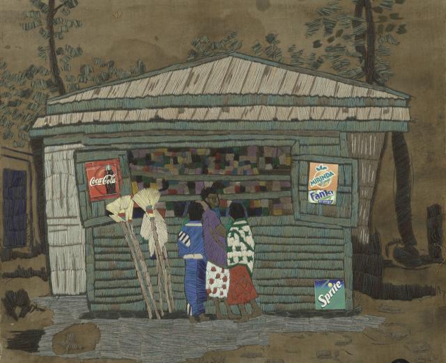 Artwork made of burlap and yard depicting figures at a food stand in Ethiopia