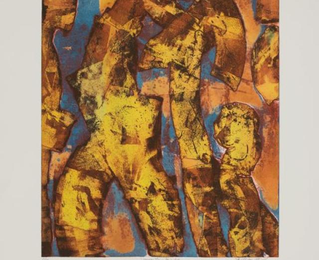 An abstract print with orange, yellow, blue, and brown shapes