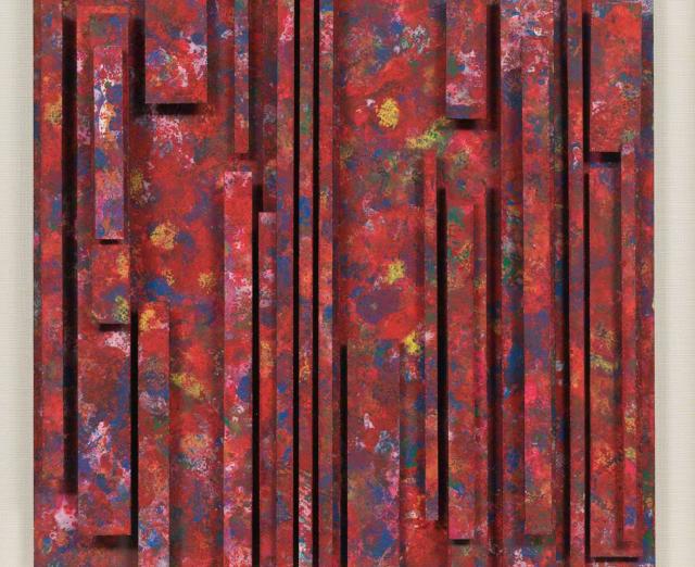 Collage of strips of red paper with colorful splatters
