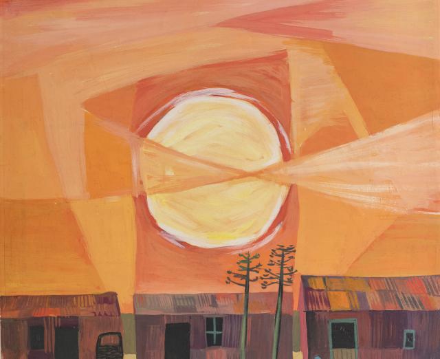 Abstract painting of large sun over small village
