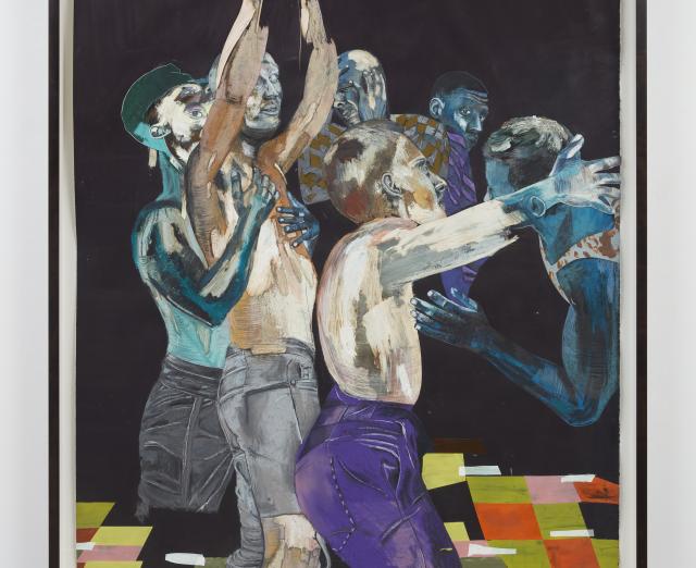 Collage of group of shirtless figures on black background and colorful floor