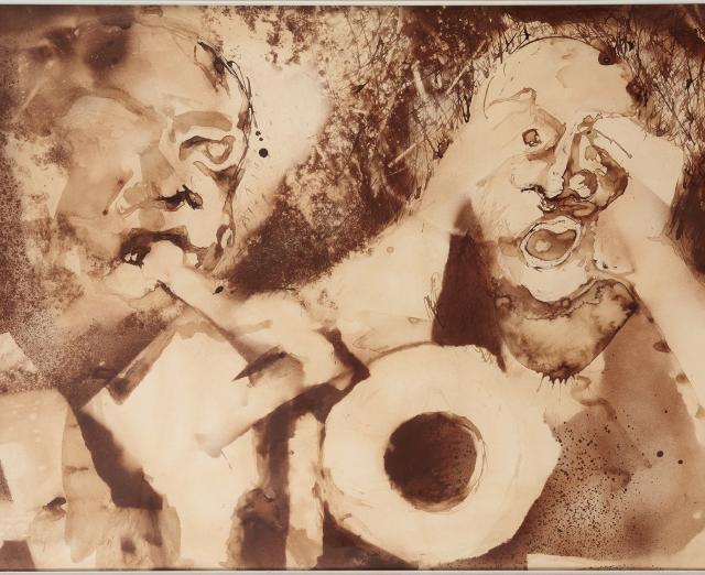 Abstract artwork in sepia tones of two figures playing jazz