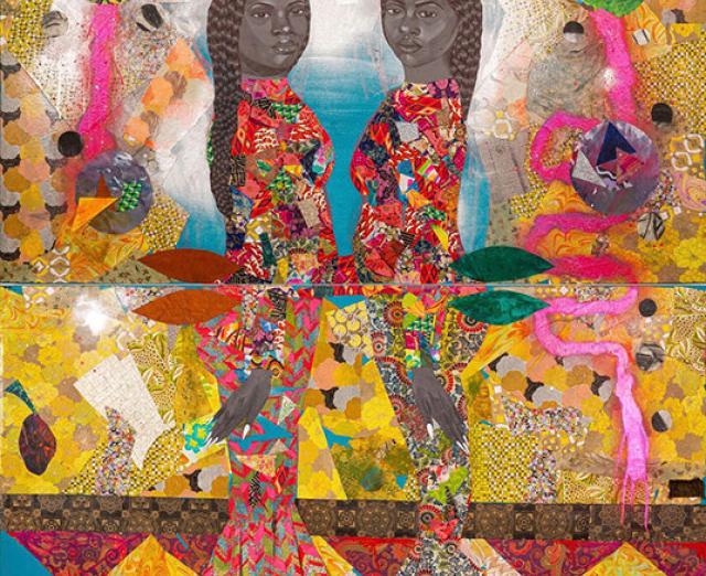 Colorful collage of two women with brightly colorful patterned shapes