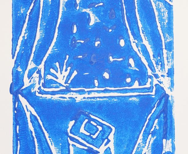 Print looking through a window with curtains in blue ink