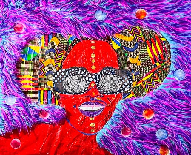 A neon-colored abstract collage of a woman with colorful patterns and background