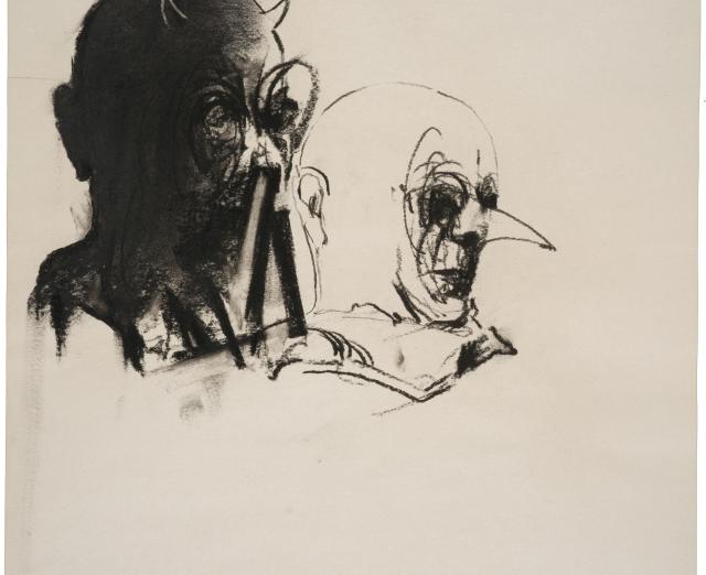 charcoal drawing of two demonic looking heads