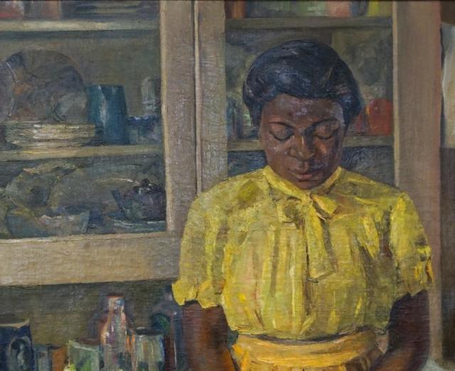 Painting of a girl in a yellow dress standing in a kitchen cutting fish