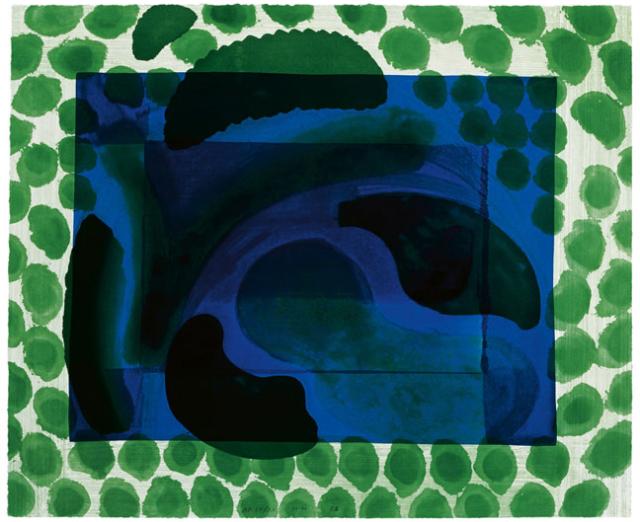 Abstract print with green, blue, and black shapes