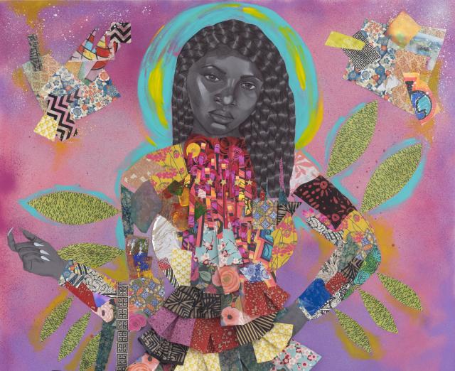 Jamea Richmond-Edwards, Archetype of a 5 Star, 2018, acrylic, spray paint, glitter, ink, and cut paper on canvas, 60 x 48 in., Rubell Museum