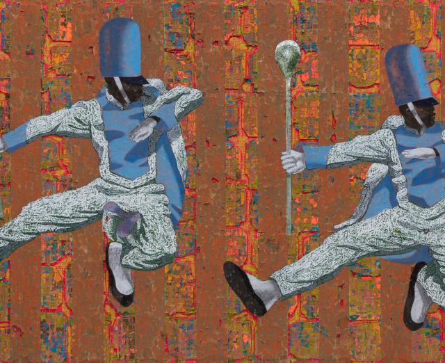 Derek Fordjour, Airborne Double, 2022, Acrylic, charcoal, cardboard, oil pastel, and foil on newspaper mounted on canvas, 60 x 100 in., Frances Fine Art Collection, Courtesy of the artist, David Kordansky Gallery, and Petzel Gallery, New York, Photo: Daniel Greer, © Derek Fordjour