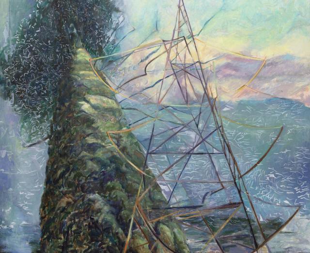 Painting in pastel colors looking up at a large sequoia tree and power lines