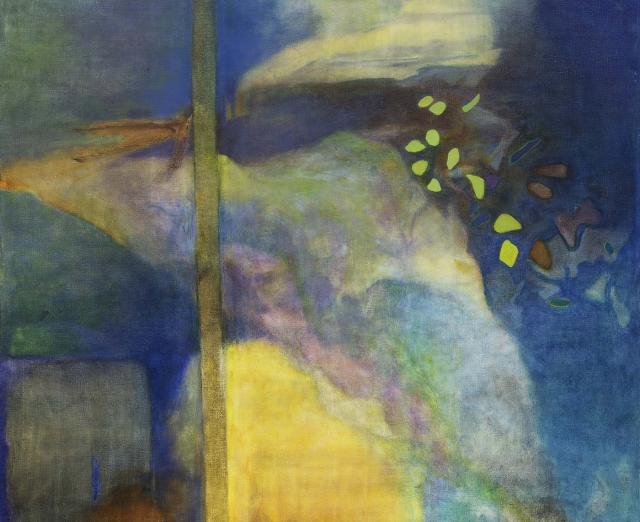 Abstract painting with soft blended pastel colors and dark blue