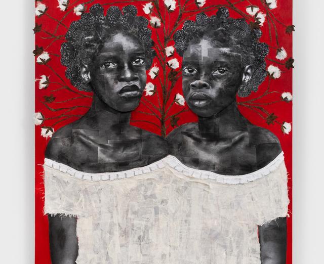 Painting by Paula Mans of two Black women in white dresses with red background