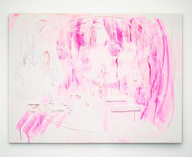 Photograph of a abstract white and pink painting on a white wall