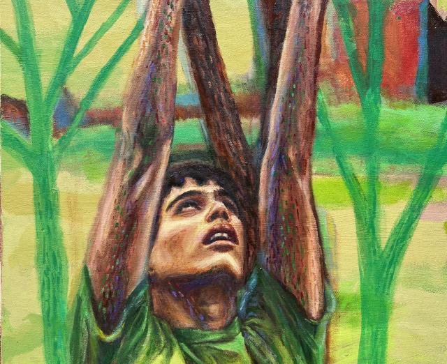 Painting of a person wearing a green short with arms raised and looking up