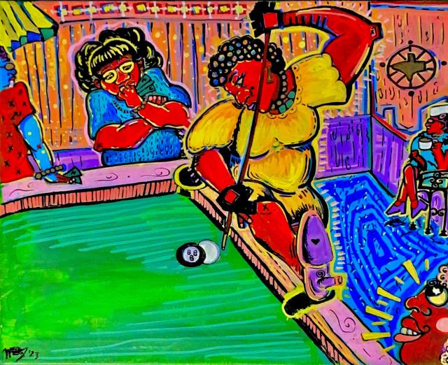 Colorful abstract painting of people playing pool