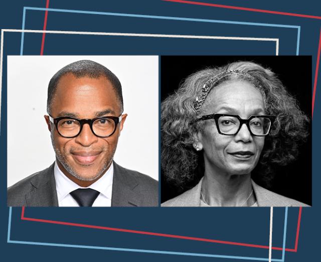 Jonathan Capehart and Robin Givhan headshots on blue background with red, white, and blue rectangles