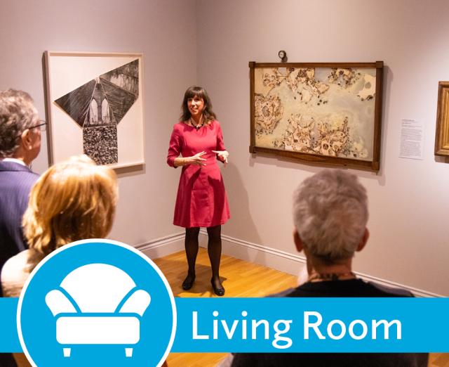Living Room promo image with Renee giving a gallery talk