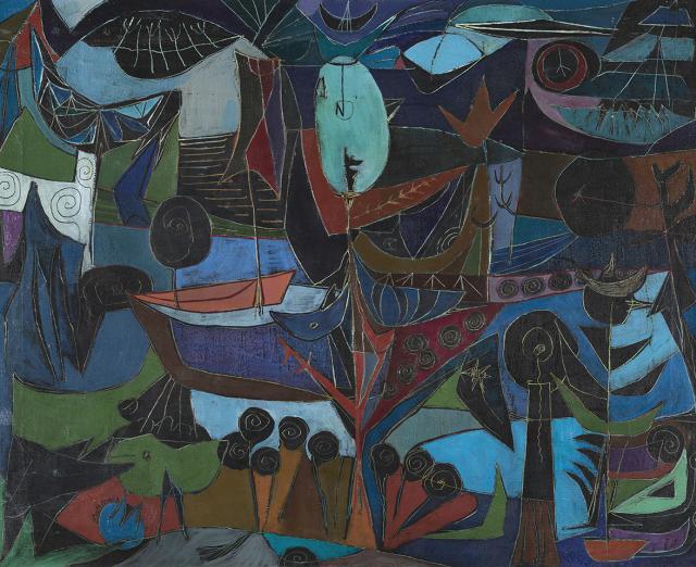 Abstract artwork of shapes in dark muted colors