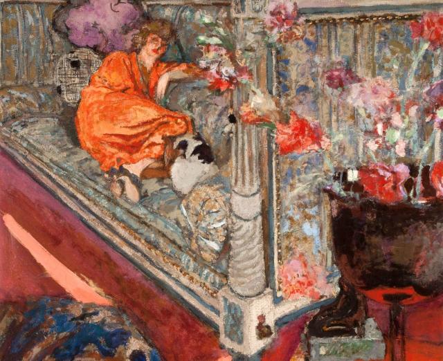 Colorful painting of woman on a sofa in colorful early 20th-century room