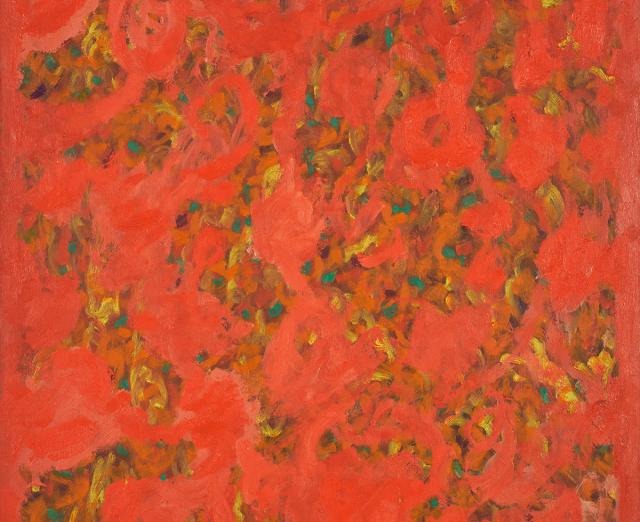 Abstract painting of mostly red brushstrokes with some yellow and green