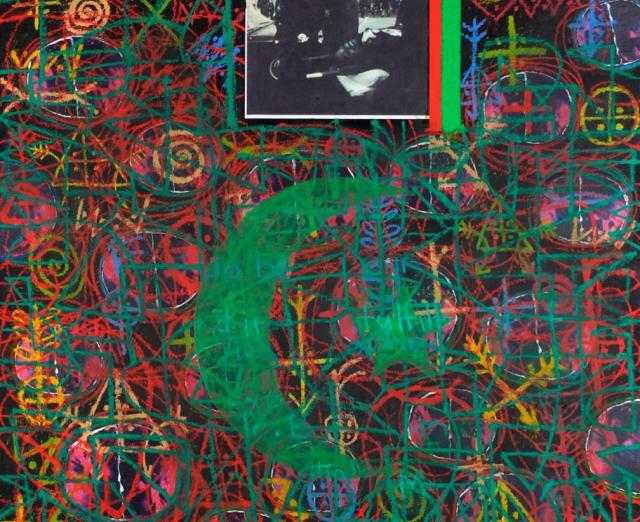 Abstract artwork with colorful lines and shapes with a vintage photograph at the top