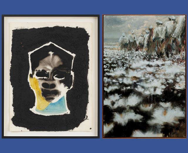 Collage of two artworks--an abstract portrait on the left and a painting of a procession on the right