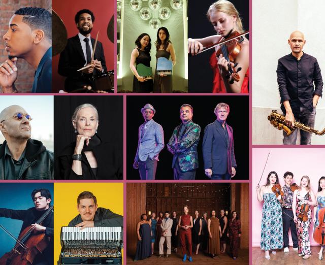 (L to R; top row to bottom): Christian Sands (Photo: Anna Webber); Ryan Sands; Chromic Duo (Photo: Adrianna Tan); Madeline Hocking (Photo: Paul Galinski); Miguel Zenón; Anton Batagov (Photo: Ira Polyarnaya); Lucinda Childs (Photo: Rita Antonioli); Mahanthappa Hero Trio (Photo: David Crow); Benett Tsai (Photo: Ory Schneor Photography); Radu Ratoi (Photo: Efremoff Studio); Lorelei Ensemble; Ulysses Quartet (Photo: Kevin Condon).