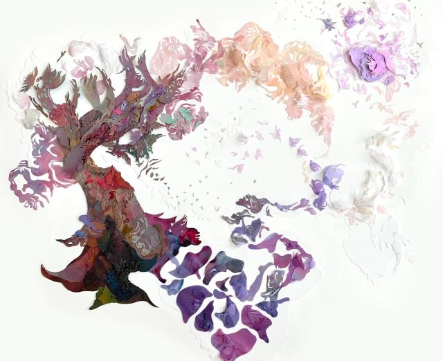 Acrylic ink and hand-painted cut paper