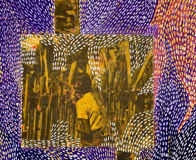 Photo printed on paper, acrylic, oil pastel on canvas
