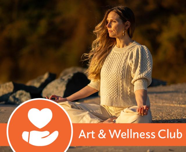 Promo image for Art and Wellness Club with a woman meditating on a beach