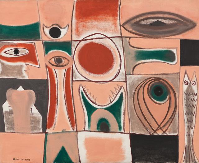 Painting with a grid filled with abstract shapes