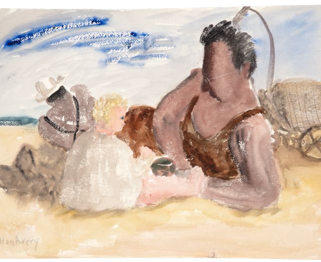 Watercolor of people on a beach