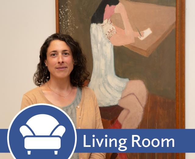 Promo for Living Room program of Patti standing in front of a Milton Avery painting