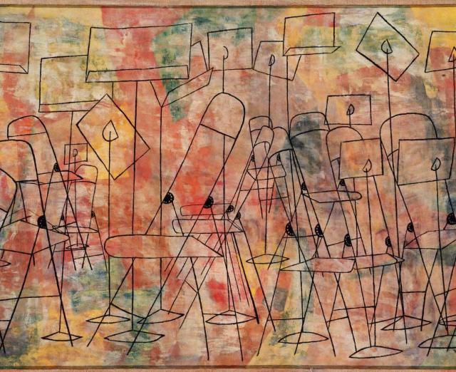 Ben Shahn, Still Music, 1948, Casein on fabric mounted on plywood panel, 48 x 83 1/2 in