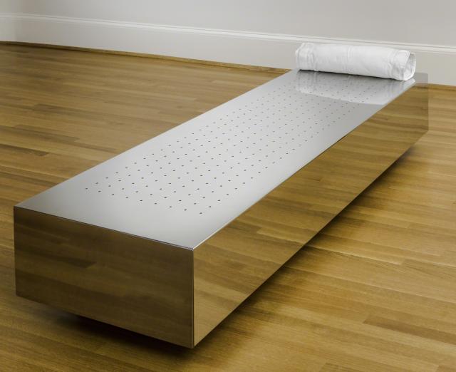 Fainting Couch, Valeska Soares; 2002; Stainless steel, flowers, and textile; 78 3/4 in x 23 1/2 in x 13 3/4 in; 200.03 cm x 59.69 cm x 34.93 cm; Gift from the Heather and Tony Podesta Collection, Washington, DC, 2012