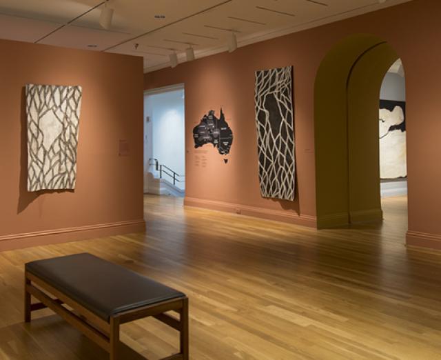 Installation view of work by Nonggirrnga Marawili in Marking the Infinite