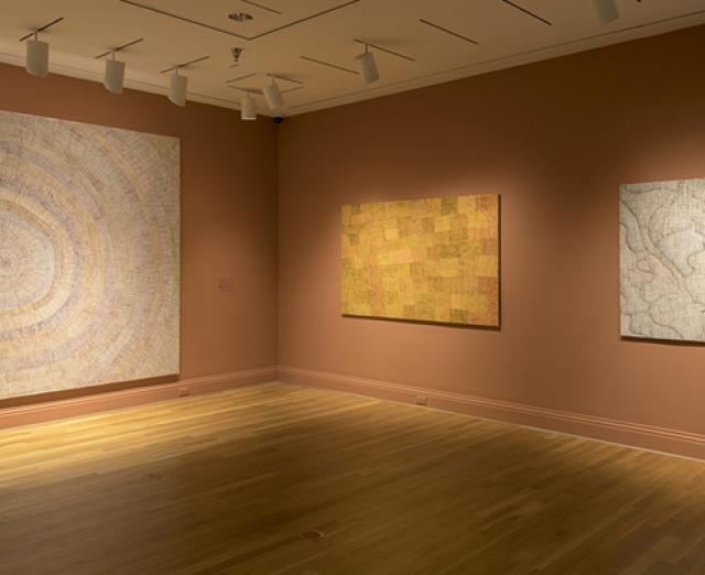 Installation view of works by Regina Pilawuk Wilson in Marking the Infinite.