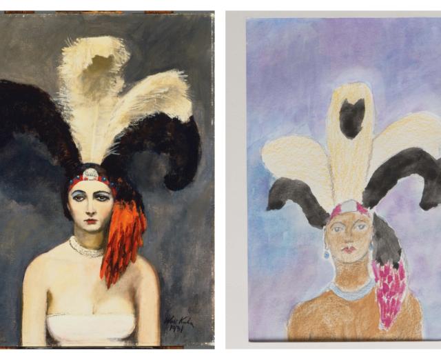 (Left) Walt Kuhn, Plumes, oil on canvas, 40 x 30 in. Acquired 1932. The Phillips Collection, Washington, DC. (Right) Marion "Duke" Green, Untitled, 2014. Watercolor and colored pencil on paper.