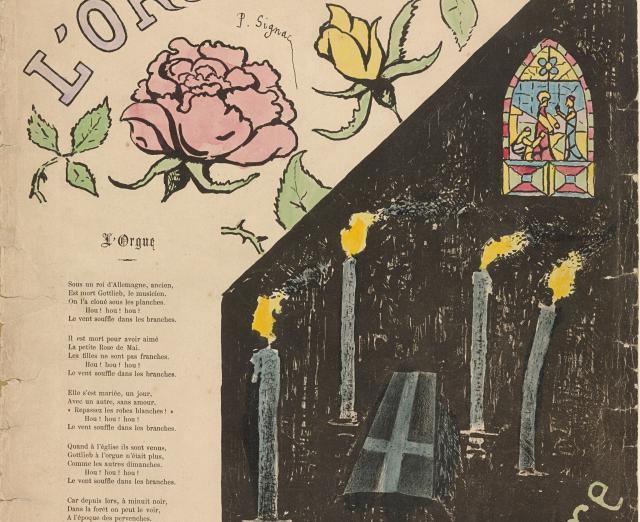 Paul Signac, LâOrgue, Cover design for the composition by Gabriel Fabre on a poem by Charles Cros, 1893. Lithograph with watercolor additions, 14 1/4 x 11 in. Gift of John Rewald. The Museum of Modern Art, New York. Â© 2014 Artists Rights Society (ARS), New York / ADAGP, Paris