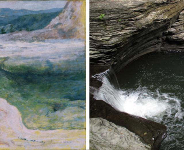 (Left) Twachtman, John Henry, The Emerald Pool, ca. 1895, Oil on canvas 25 x 25 in.; 63.5 x 63.5 cm.. Acquired 1921. The Phillips Collection, Washington DC. (Right) Photo by Sarah Osborne Bender