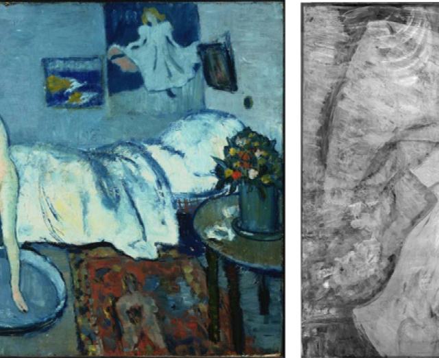 (Left) Pablo Picasso, The Blue Room, 1901, Oil on canvas 19 7/8 x 24 1/4 in.; 50.4825 x 61.595 cm. Acquired 1927. (Right) Infrared of Pablo Picassoâs The Blue Room (1901). The Phillips Collection, copyright 2008.