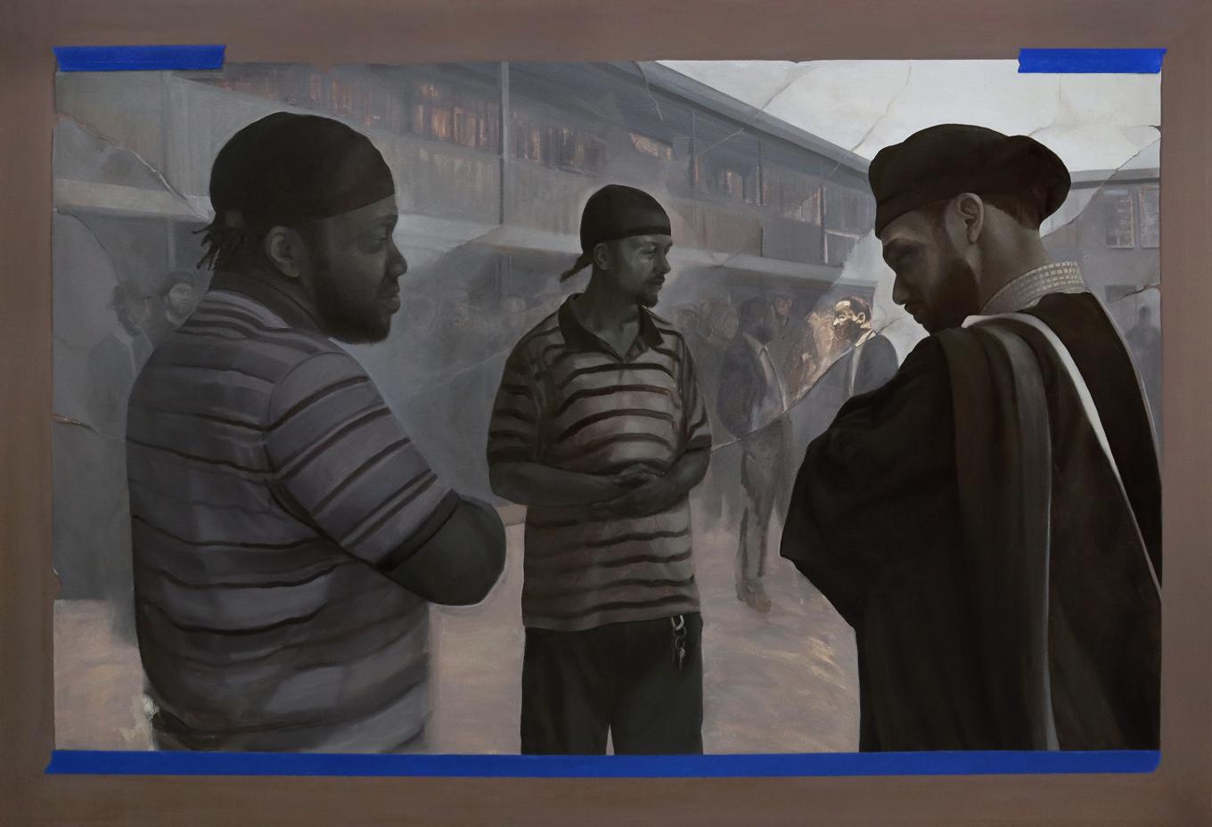 Oil on canvas in dark hues of three men standing  