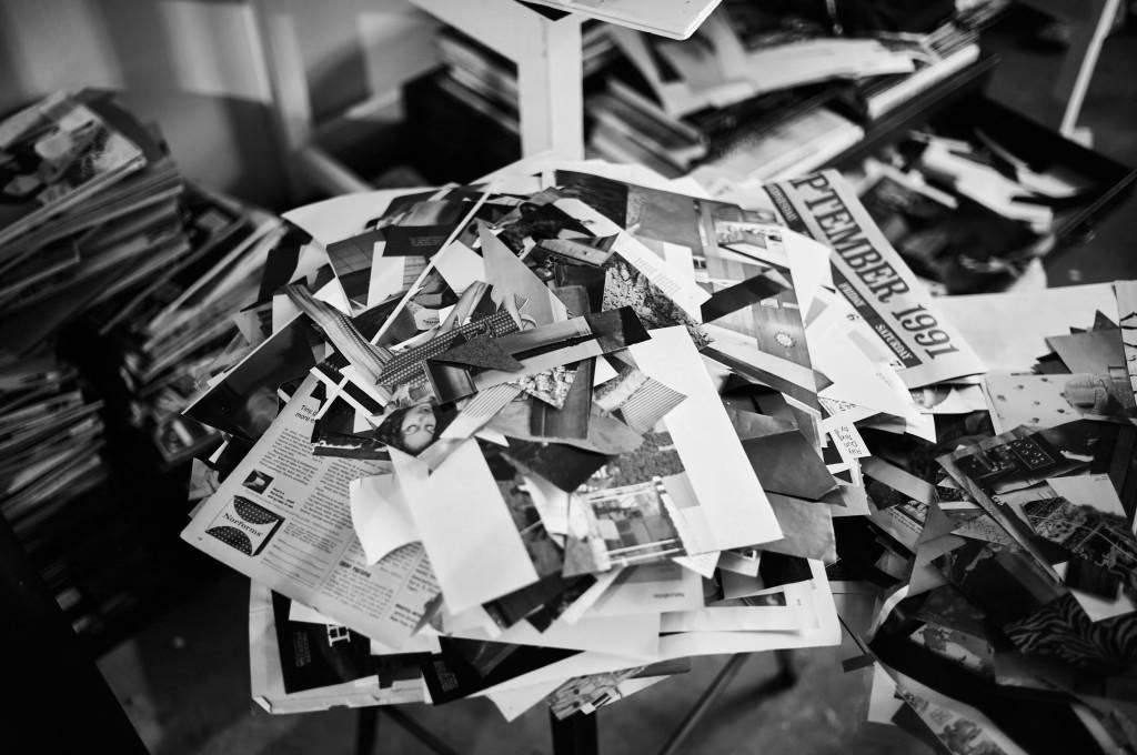 Black and white photo of paper scraps