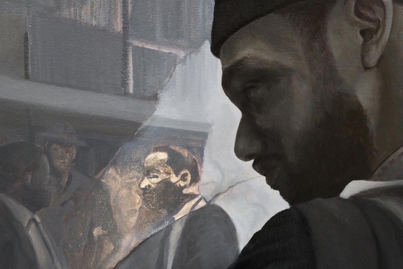 Oil on canvas close-up of a mans face in dark hues