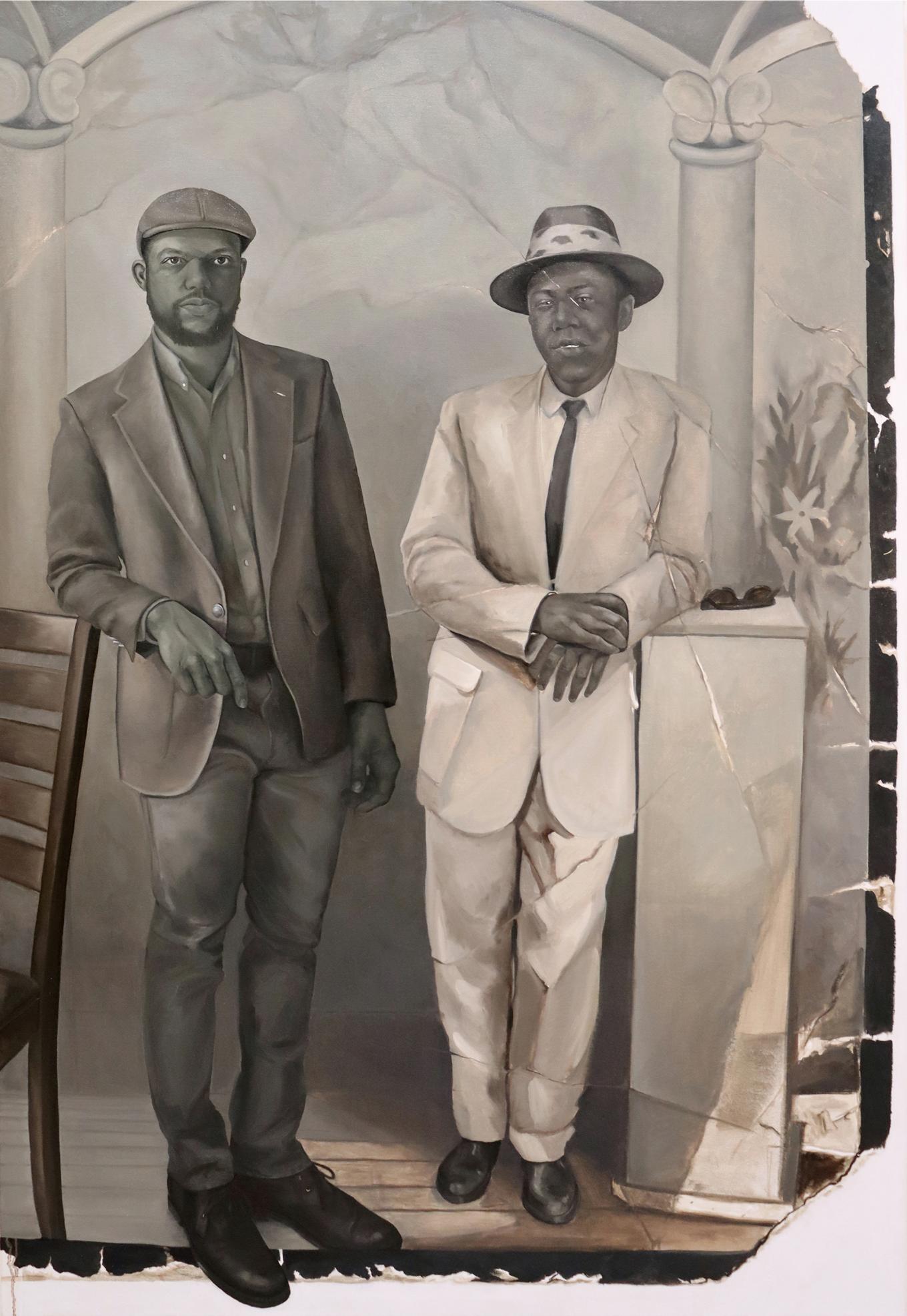 Oil on canvas of two men standing facing forward in grey-ish tones