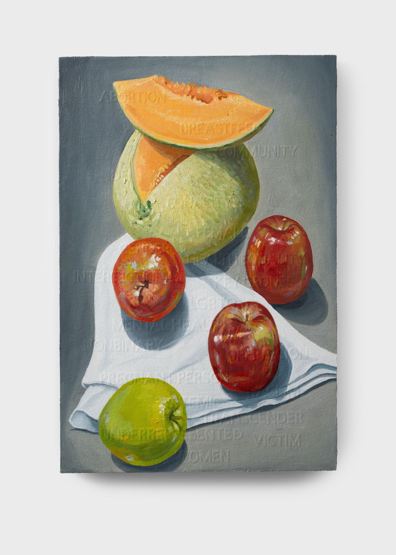 Oil on canvas mounted on wood of a melon and four apples